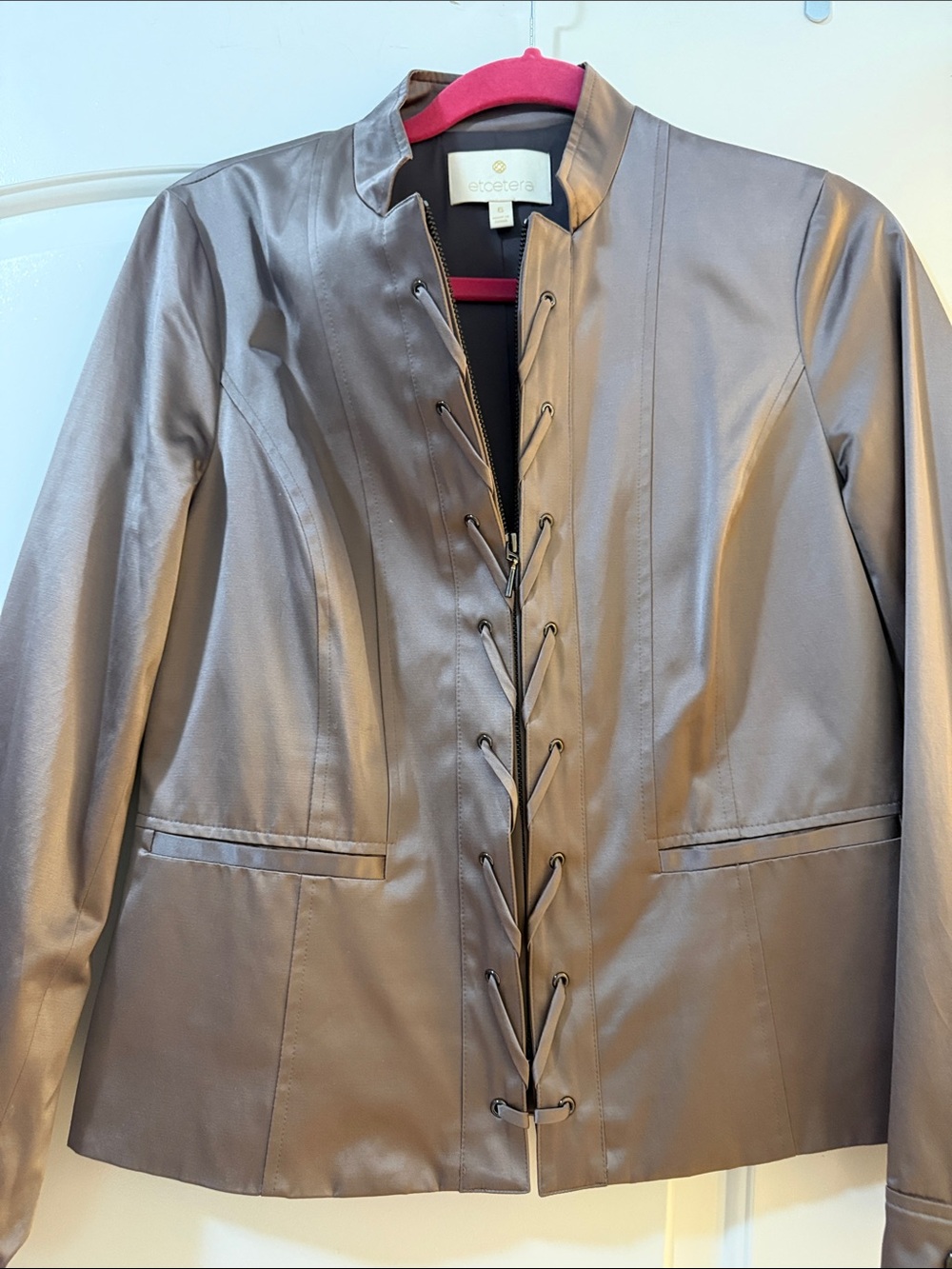 Etcetera Taupe Lace-Up Satin Jacket